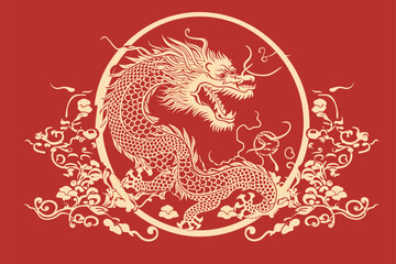 Vector gold china oriental dragon logo symbole sticker label red background