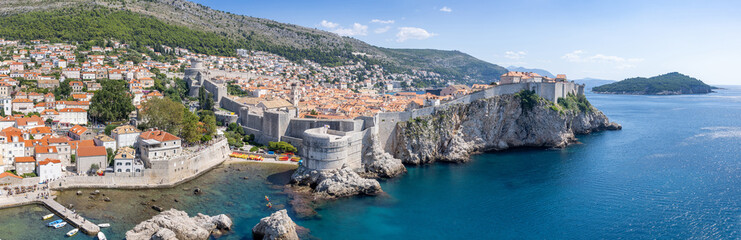 Overlooking the medieval city of Dubrovnik with its fortification, Dalmatia, Croatia. Stitched...