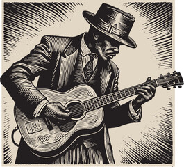 Woodcut Style Blues Player