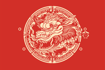 Vector gold china oriental dragon logo symbole sticker label red background