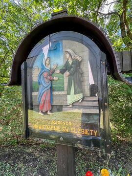 Hrubieszów, Poland, September 4, 2023: Illustration of the Franciscan Chaplet around the Sanctuary of Our Lady of Sokal in Hrubieszów. Second Joy "The Visitation of St. Elizabeth"