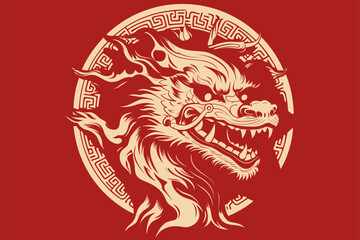 Vector gold china oriental dragon logo symbole sticker label red background