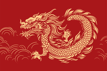 Vector gold china oriental dragon logo symbole sticker label red background