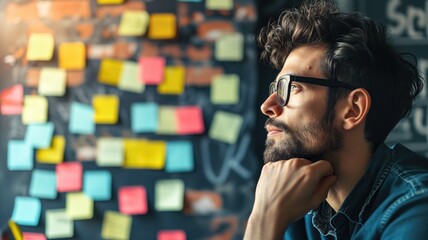 Man looking at a wall covered in colorful sticky notes - obrazy, fototapety, plakaty