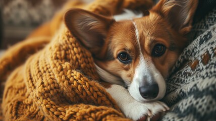 Corgi dog wrapped in a cozy yellow blanket