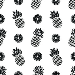 Pineapples Seamless Black and White Pattern. Floral Summer Background with Pineapple Tropical Fruit, Slices and Leaves. Vector Illustration