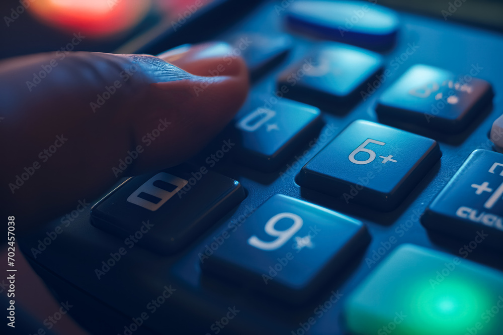 Poster intricate details of a payment terminal's keypad are showcased in a close-up shot