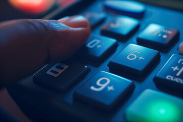 intricate details of a payment terminal's keypad are showcased in a close-up shot - obrazy, fototapety, plakaty