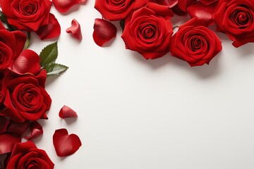 red roses frame on white background top view, beautiful floral template with copy space