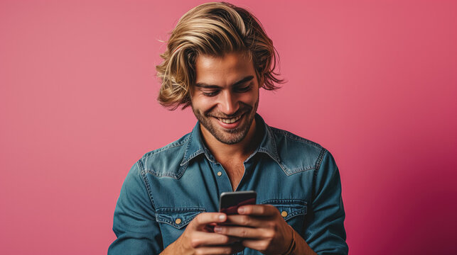 A handsome blonde man is looking at a smartphone screen. Pink monochrome studio background.