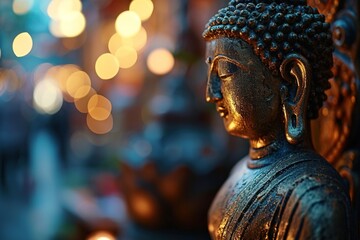 closeup metallic buddha statue on blurred bokeh background - obrazy, fototapety, plakaty