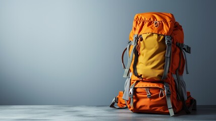 Vibrant orange hiking backpack standing against a grey background