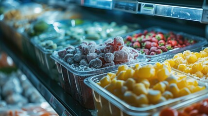 Frozen fruit in containers at a grocery store
