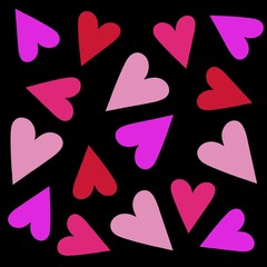All over heart design in multiple shades of pink on a black background.. Heart illustration for Valentine's Day. Valentine heart art.