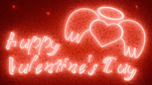 3d animation for Valentine's Day. The outlines of an angel, a heart and text appear on a red background, Happy Valentine's Day. A festive animated postcard.