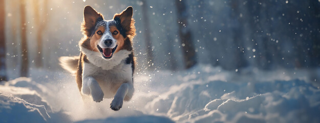 Joyful Dog Frolicking in the Snow. An exuberant dog mid-leap in a snowy forest, showcasing a lively spirit. National Puppy Day. Panorama with copy space. - obrazy, fototapety, plakaty