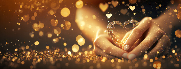 Valentines day background. Panorama with copy space. Magical Heart Formed with Sparkling Dust. Hands forming a heart shape with sparkling dust and bokeh lights.