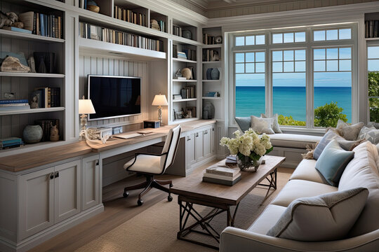 Fototapeta Hampston Cottage classic white decoration  office work room  with ocean view 