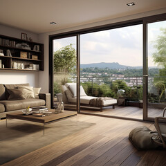 Fototapeta premium view of small village in mountain in luxury apartment with a lof ot light from the clear glass windows neutral color theme patio background of city view 