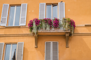 Fototapeta na wymiar Balcony with flower pots and shuttered windows, Bologna ITALY