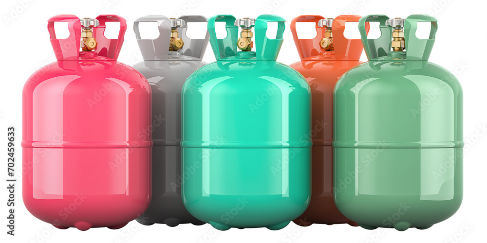 Poster set of gas cylinders with freon, 3d rendering isolated on transparent background