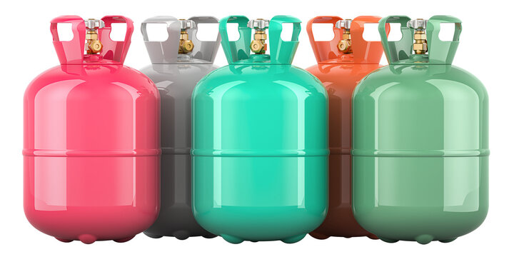Set of gas cylinders with freon, 3D rendering isolated on transparent background