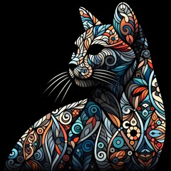 Cat silhouette filled with mosaic patterns resembling stained glass.

