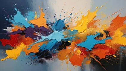 Dynamic abstract painting with splashes of blue, orange, and red on a textured dark background.