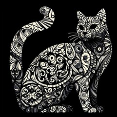 Cat silhouette filled with mosaic patterns resembling stained glass.
