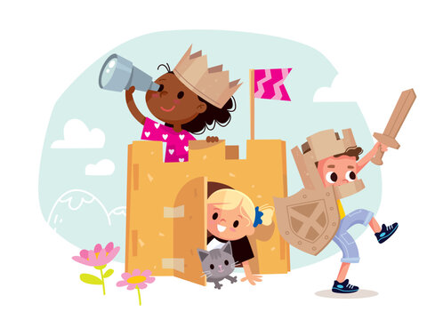 Kids play together. Children with a cardboard castle. Girls and boy create a castle. Happy creative kids spare time together.