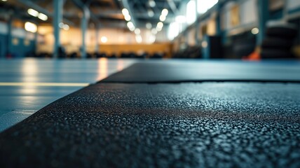 Close-up of a black tatami mat on a gym floor