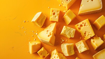 Various types of cheese on a vibrant yellow background