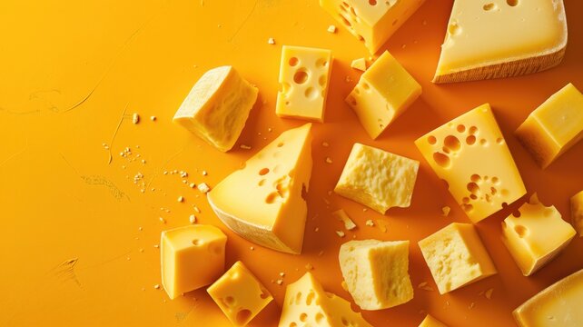 Naklejki Various types of cheese on a vibrant yellow background