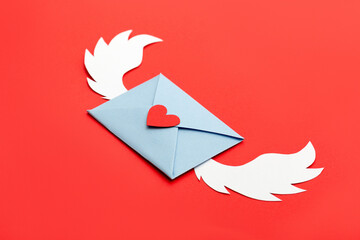 Love letter on a red background. Top view.