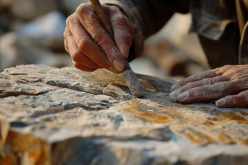 A close-up of a sculptor's hands carving stone, each chip and chisel mark a deliberate act of creation, transforming raw rock into a work of art. - obrazy, fototapety, plakaty