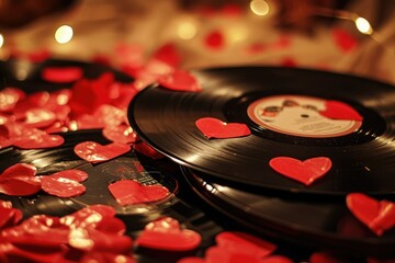 A collection of love-themed vinyl records, each song a classic tune celebrating romance and the timeless dance of love. - obrazy, fototapety, plakaty
