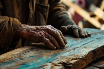 A craftsman's rough, calloused hands working meticulously on a piece of wood, each cut and carve a testament to his skill and dedication to his craft.
