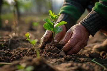 A gardener's hands planting a new seedling, the care and hope in their gesture a symbol of the growth and renewal they foster in the earth.