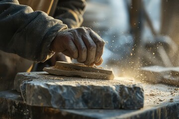 A sculptor's hands shaping a block of marble, the dust and chisel marks a part of the transformative process from stone to art.