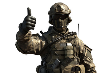 A soldier shows approval by raising his finger up, cut out - stock png.