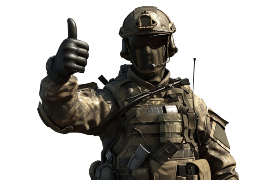 A soldier shows approval by raising his finger up, cut out - stock png.