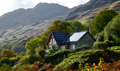 Eco-Friendly Home with Solar Panels in Mountainous Countryside
