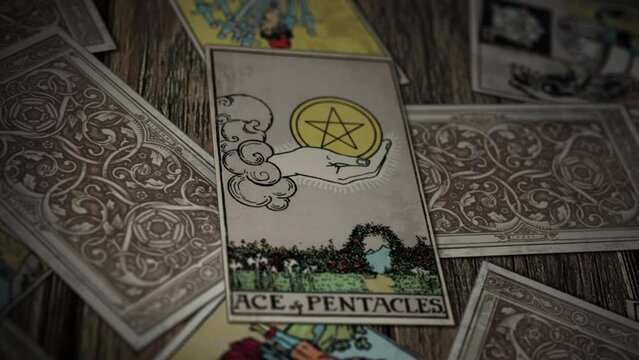 Madrid, Spain - March 19, 2022. Ancient fortune sign is painted on the card Ace of Pentacles. Ancient fortune sign meaning new opportunities. Ancient fortune prediction pentagram sign