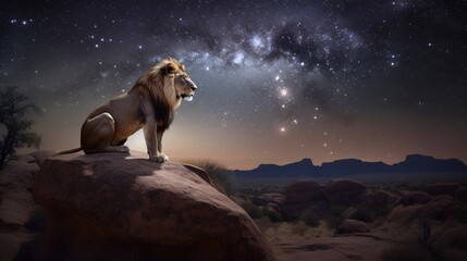 lion in the night, Picture a regal lion, its fur adorned with intricate patterns inspired by the constellations, standing atop a cliff - obrazy, fototapety, plakaty