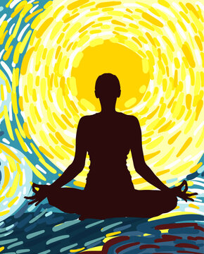 International Yoga Day. 21 June. Girl in lotus position. Yoga abstraction. hand drawing. Not AI. Vector stock illustration.