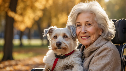 Elderly  enjoy  woman in a wheelchair with a dog outside in the park
