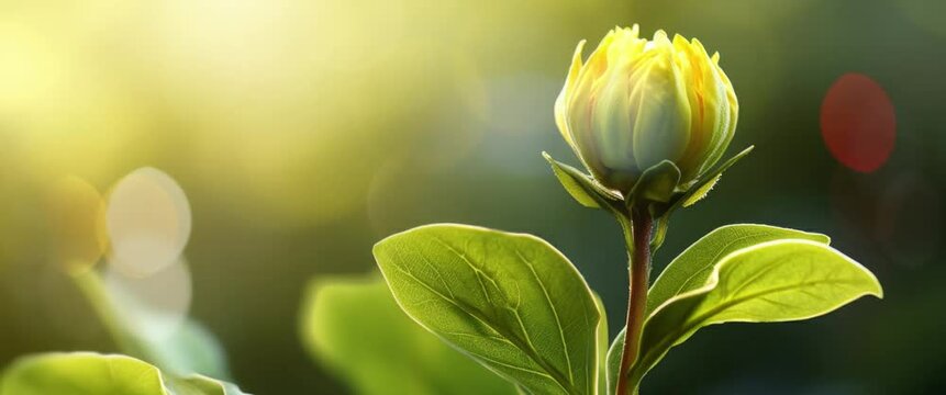 Anamorphic video wonderful yellow flower beginning of spring with particles and bokeh.