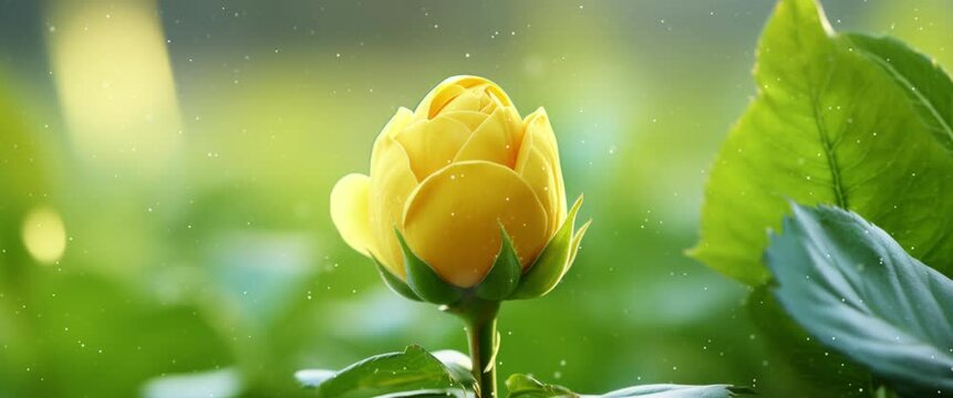 Anamorphic video wonderful yellow flower beginning of spring with particles and bokeh.