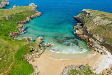 Aerial view of Playa de fuentes near San Vicente de la Barquera in North Spain, Europe