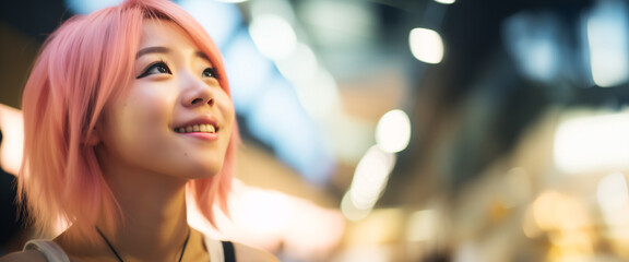 Ritratto di una giovane sorridente ragazza giapponese con capelli tinti di rosa in una città piena di luci di notte - obrazy, fototapety, plakaty